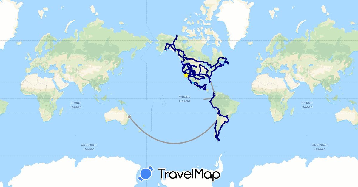 TravelMap itinerary: driving, plane, boat in Argentina, Australia, Bolivia, Brazil, Belize, Canada, Chile, Colombia, Ecuador, Guatemala, Honduras, Mexico, Peru, El Salvador, United States, Uruguay (North America, Oceania, South America)
